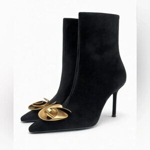 Zara Black Suede Pointed-Toe Ankle Boots with Gold Sculptural Accent